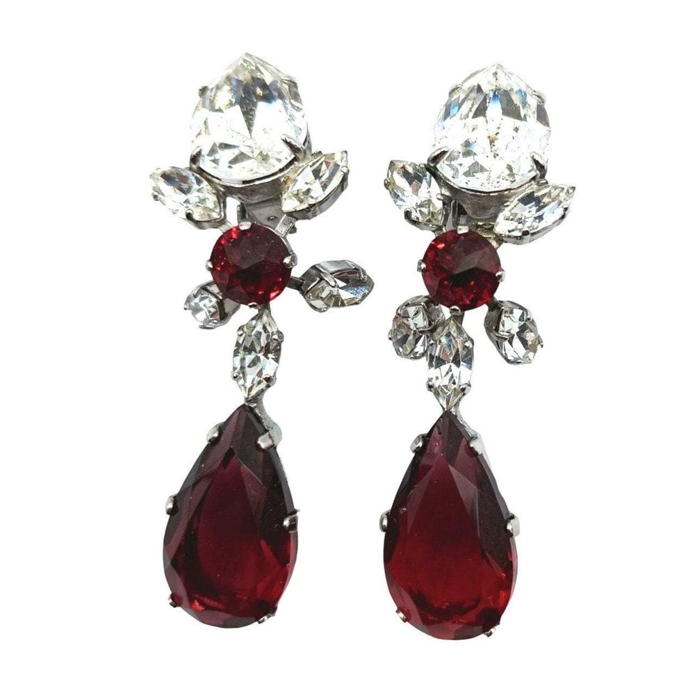 Schreiner Vintage Rhinestone Clip‎ On Dangle Earrings Women Red Silver Tone